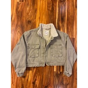 Stoosh Vintage Denim Cropped Sherpa Lined Jacket Olive Green Women Large